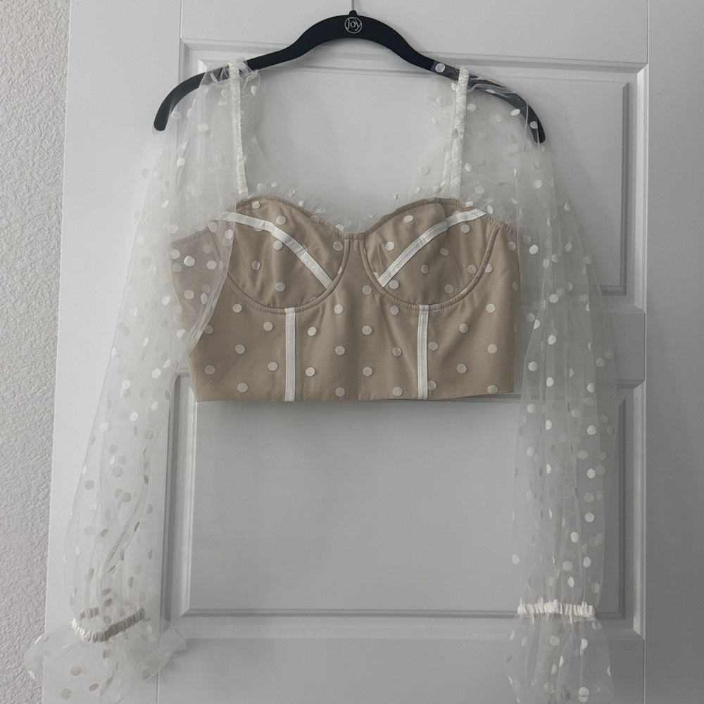 Polka Dot Sheer Sleeve Crop Top - Tan